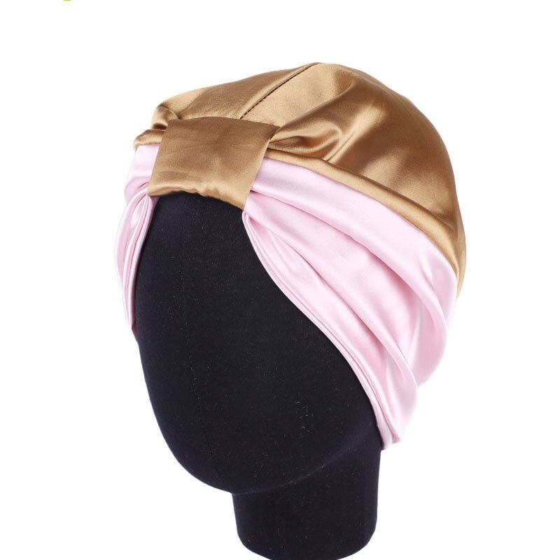 Satin hætte hårhætter salon nat hår hat naturligt krøllet hår dobbelt elastik bade søvn kvinder hovedbetræk wrap hat: Khaki pink