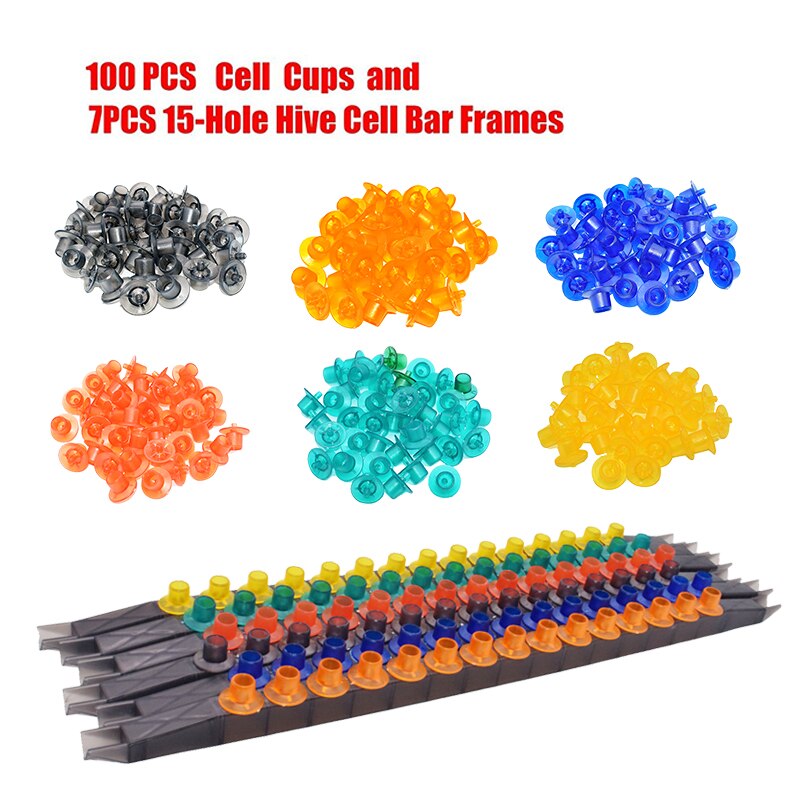 7PCS 15-Hole Cell Bar Frames with 100pcs Cell Cups Beekeeping Queen Rearing Base Mount Cell Cups with bee Frame JZ-BZ Cell bar