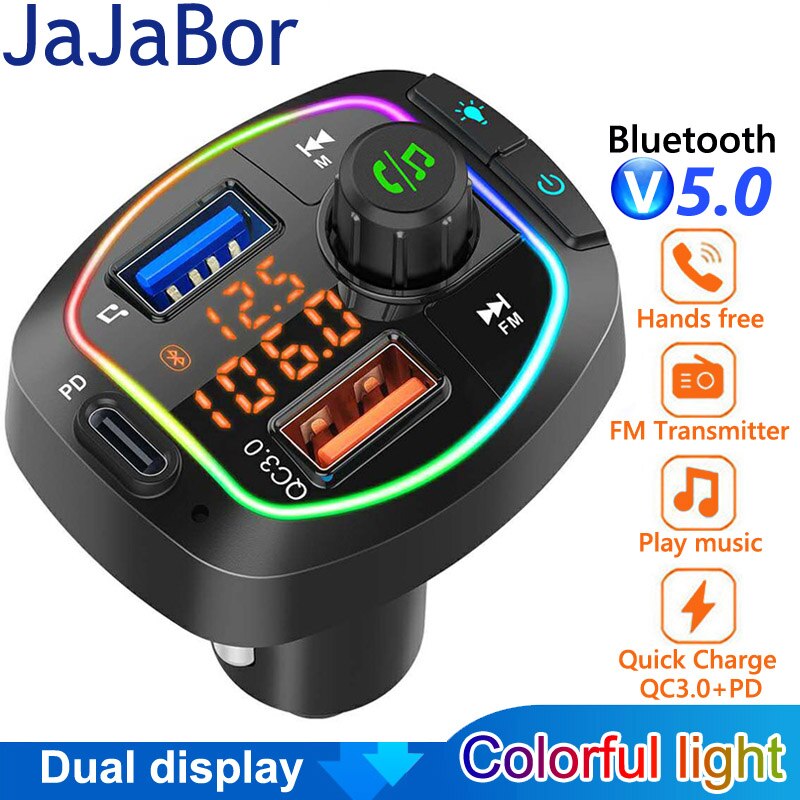 JaJaBor Bluetooth 5.0 Car Kit Handsfree Wireless FM Transmitter Dual Screen Display Car MP3 Player with PD18W QC3.0 Quick Charge