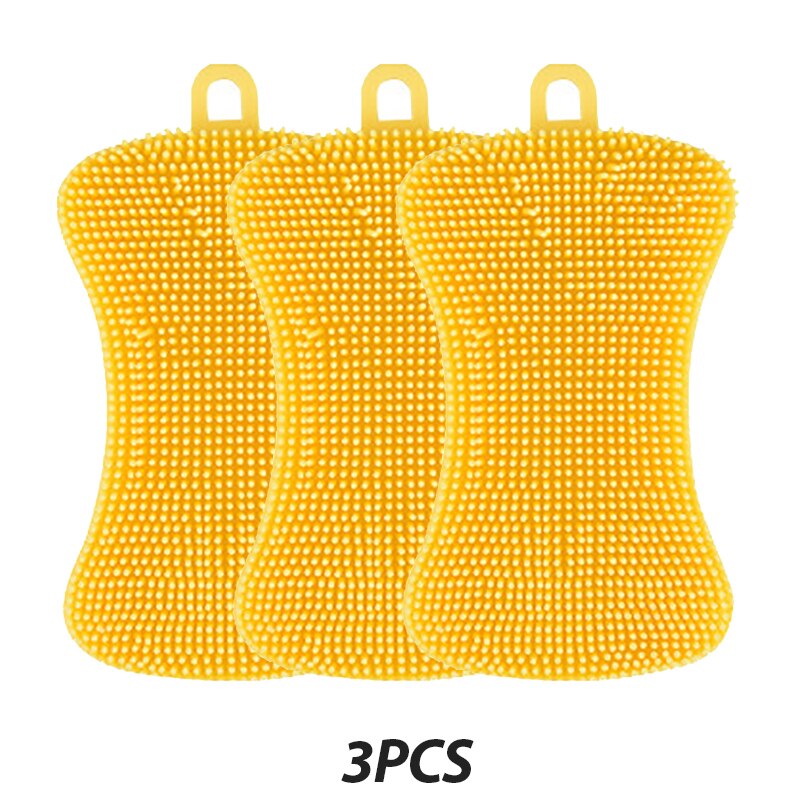 3PCS Silicone Dish Washing Brush Pot Pan Sponge Scrubber Silicone Scouring Pad Fruit Pot Pan Wash Brushes Kitchen Cleaning Tool: 3pcs-yellow