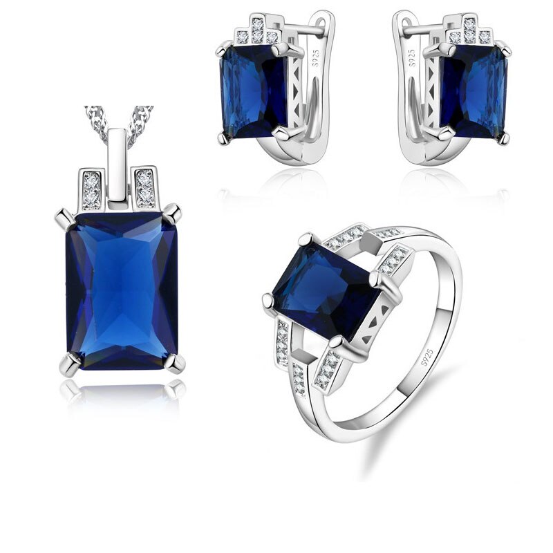 Las mujeres de la joyería de la plata esterlina 925 juegos de accesorios de azul colgante CZ Set anillo Collar para novia joyería: Blue / 6