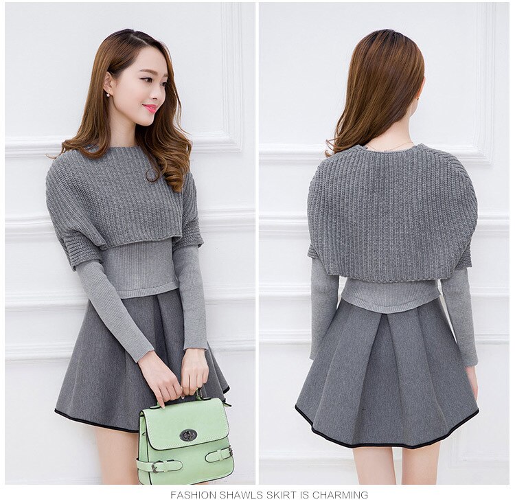 Autumn Winter Women Dress Long Sleeve O-Neck Solid Two Pieces Knitted Sweater Dresses Big Size OL Vestidos 1010