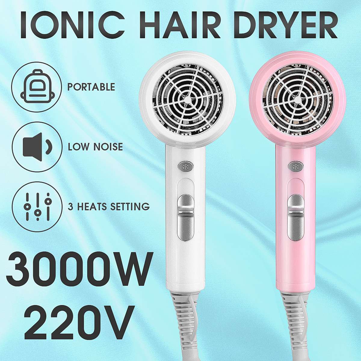 Mini secador de pelo portátil de 3000W, secador de pelo iónico de salón, secador de pelo, máquina de protección de temperatura de Viaje + difusor