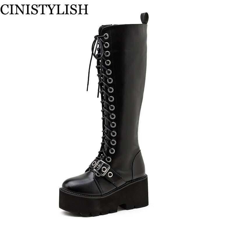 Demonia Boots Shoes On Platform High Heels Punk Platform Shoes Demonia Shoes Winter Knee-High Women Boots Ladies Square Heel