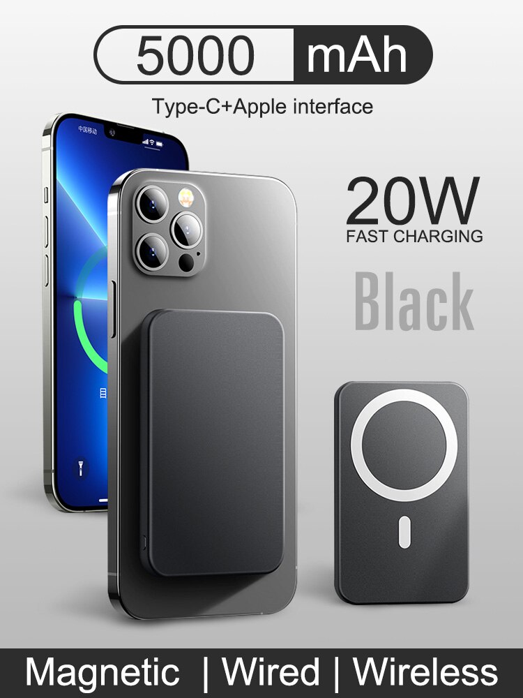 10000mAh Portable Magnetic Wireless Power Bank 15W Fast Charger For iPhone 12 13 Pro Max Mobile Phone External Battery: 5000mAh-black