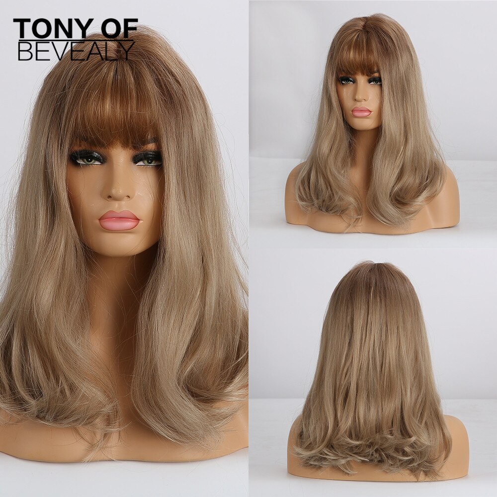 Medium Length Synthetic Wigs for Women Brown Wavy Natural Hair Wigs With Bangs Cute Cosplay Party Wigs Heat Resistant Fiber: lc243-2