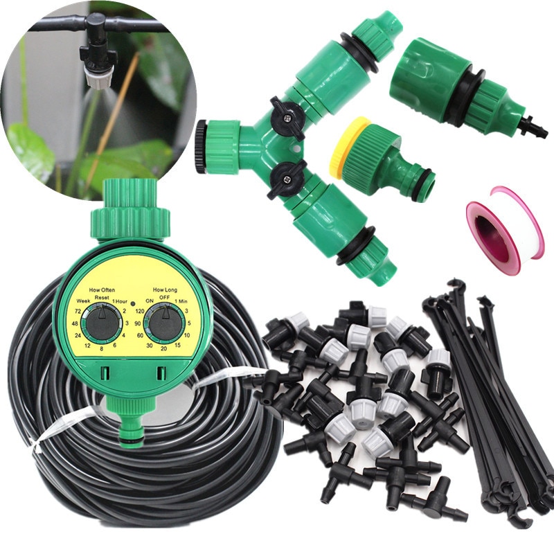 5-40m Misting Sprinkler With Splitter Water Timer 2-Ways SpGarden Watering Drip Irrigation Plant Automatic Dripper Watering Kits