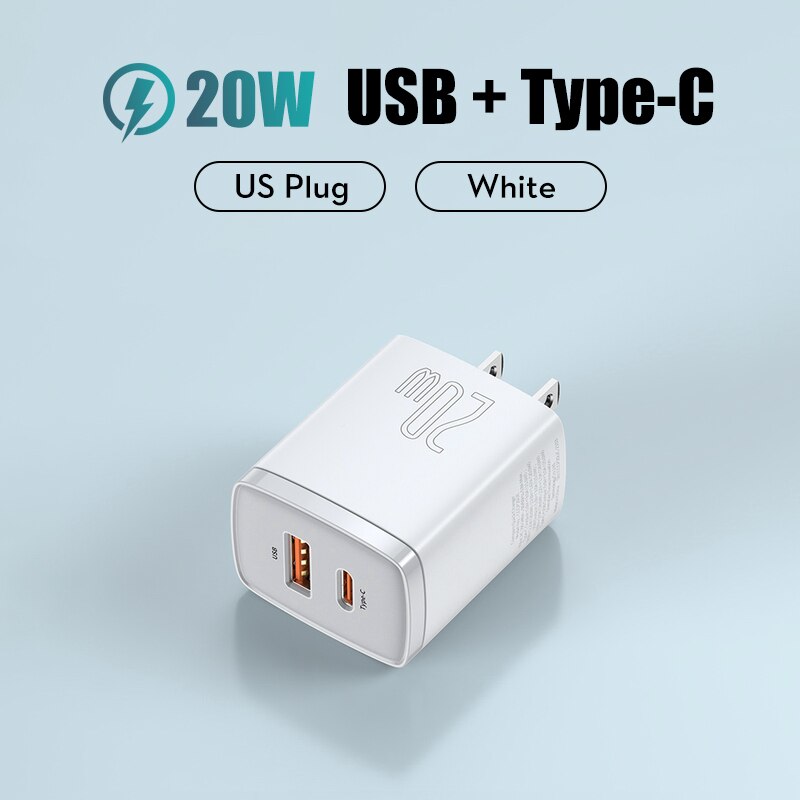 Baseus 20W caricabatterie USB tipo C Dual USB adattatore per ricarica rapida caricabatterie PD caricabatterie da viaggio portatile per iphone 12 13 pro Xiaomi: US white