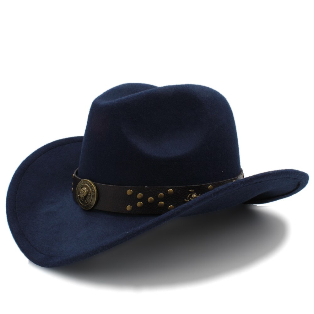 Klassisk kvinder uld chapeu western cowboy hat vinter efterår dame dronning jazz cowgirl sombrero hombre steampunk cap størrelse 56-58cm: Mørkeblå
