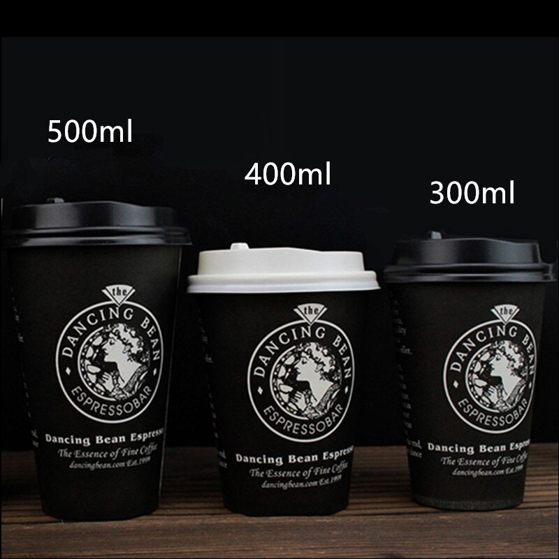 50 Stuks 300 Ml 400 Ml 500 Ml Wegwerp Papier Cup Zwart Creatieve Parel Melk Thee Koffie Sap Takeaway Verpakking cup Met Deksel