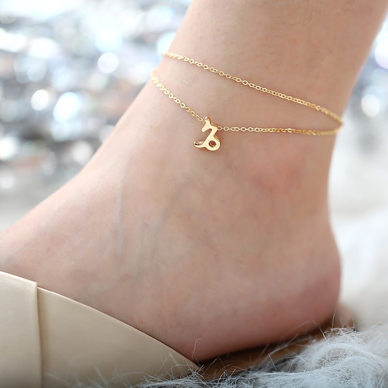 Trendy strandvoetenarmband sieraden van dubbellaags vergulde ketting met dierenriem enkelbandjes voor dames met bedels: Steenbok