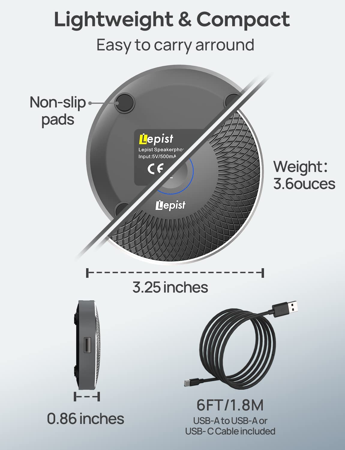 Micrófono de conferencia, micrófono portátil para computadora USB 3 en 1, 360 ° Pastilla omnidireccional para escritorio/portátil/tableta, reuniones, micrófono Skype