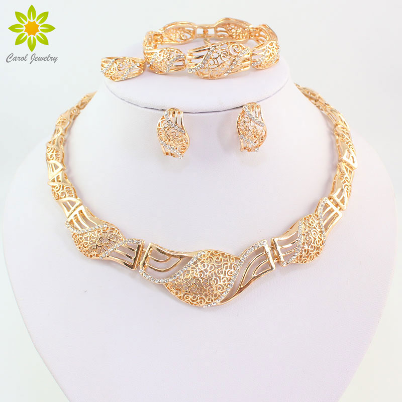 Edlen Schmuck Sets Für Frauen Gold Farbe Aussage Halskette Ohrringe Armband Ringe Set Afrikanische Perlen Party Hochzeit Zubehör