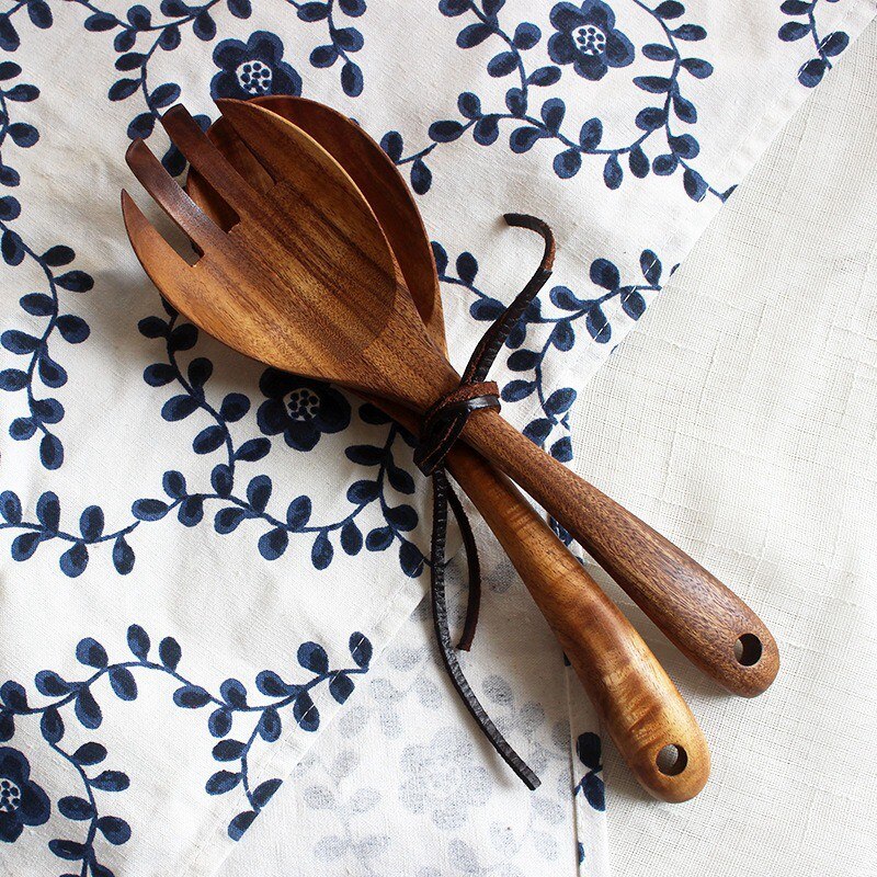 Servidores de ensalada de madera Juego de 4 cubiertos cuchara tenedor cuchara de ensalada de madera, tenedor agitador