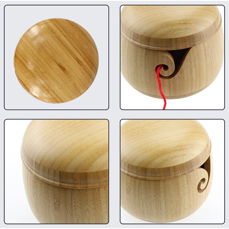 Bol de fil avec couvercle rond en bois bambou fil bol de rangement avec couvercle en bois massif à la main laine outil de tricotage