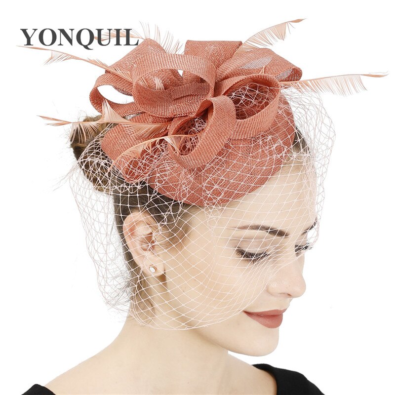 Bruid Bruiloft Witte Hoofddeksel Elegante Dames Mariage Mesh Tovenaar Hoed Fancy Veils Chapeau Cap Mode Kerk Hoofddeksels Womens: dark peach