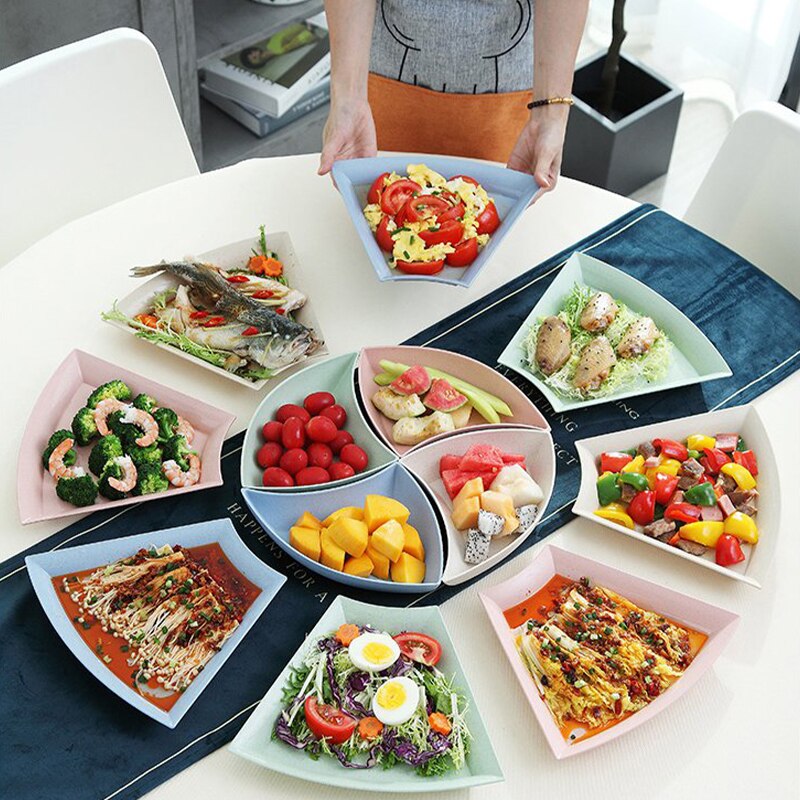 KATA-Juego de platos de paja de trigo para el hogar, vajilla creativa con bandeja para ensalada de frutas, juego de cubiertos, mesa en forma de abanico