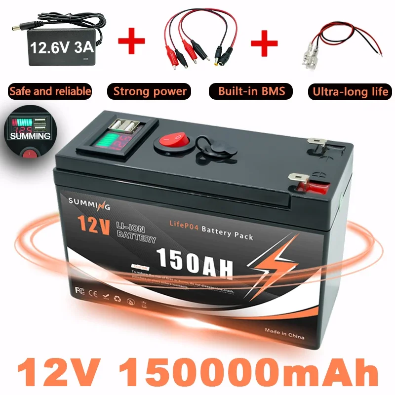 LiFePO4 12V 150Ah wiederaufladbare Lithiumbatterie mit integriertem BMS, für Spielzeug, Solarmodule, Fischfinder, Power Wheels️