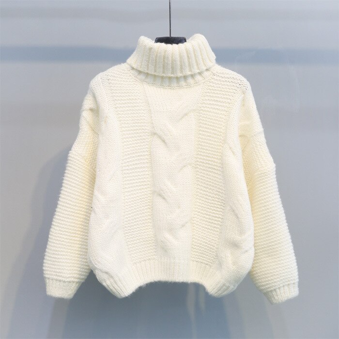 Dam tröjor polokrage tröja dam höst vinter ledig kort tröja stickad pullover tröja kvinnlig pull femme: Vit