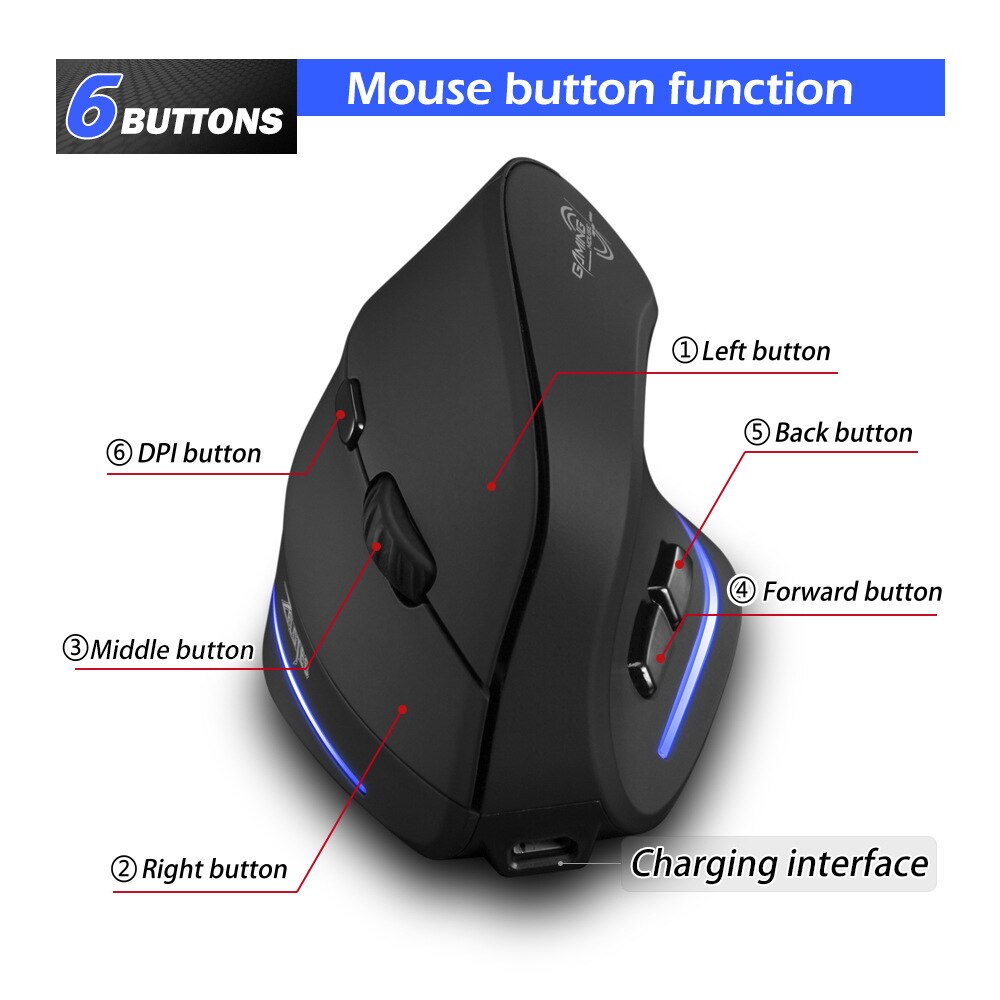 Mouse Raton Zelotes F-35 2.4GHz Vertical Wireless Rechargeable USB 2400DPI 6 Button Gaming Computer Mice For Laptop PC
