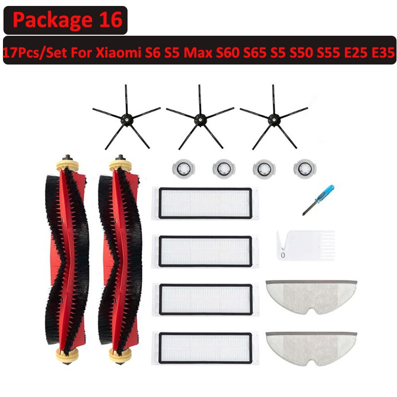 6 ~ 25 stk avtakbar rullesidebørstefiltersett til xiaomi roborock  s6 s60 s65 s5 max  t6 støvsuger feie tilbehør: Pakke 16
