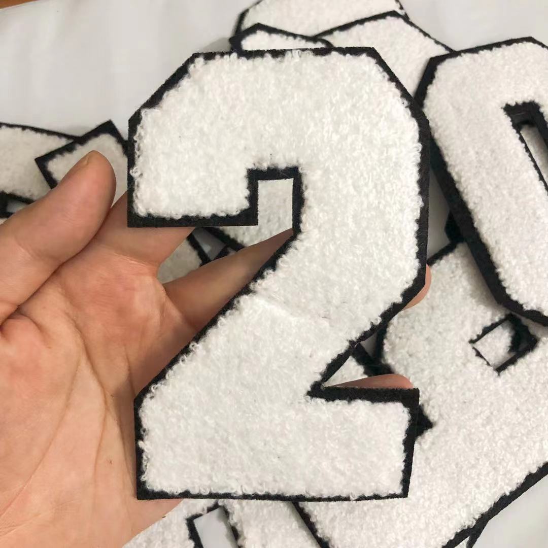 Grote Witte Digitale Chenille Geborduurde Iron Op Patch Applique Diy Nummer Badge Patches Voor Kid Kleding Tas Accessoires