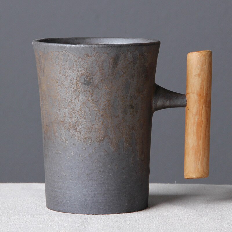 Japansk stil vintage keramisk kaffekrus tumbler rust glasur te mælk øl krus med træhåndtag vand kop hjemmekontor drikkevarer: 06