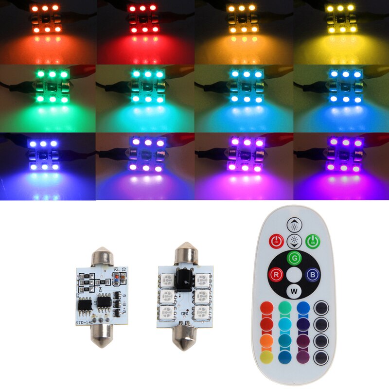 1 Paar 42 Mm Dc 12V 5050 6 Led Rgb Led Kaart Dome Auto Interieur Licht + Afstandsbediening