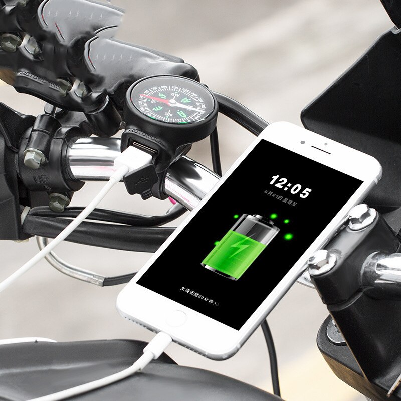 Motorcycle Handlebar Rail Mount Waterproof USB Charger 12-24V 2A with Compass for Mobile Phones GPS
