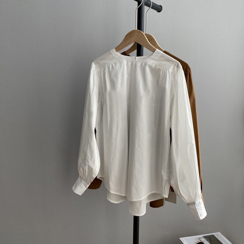 Manera de la linterna de La Manga primavera blusa camisas casuales de las mujeres O cuello suelto Casual Tops blusa nueva liso Simple Camisas de mujer CRRIFLZ: Blanco / M