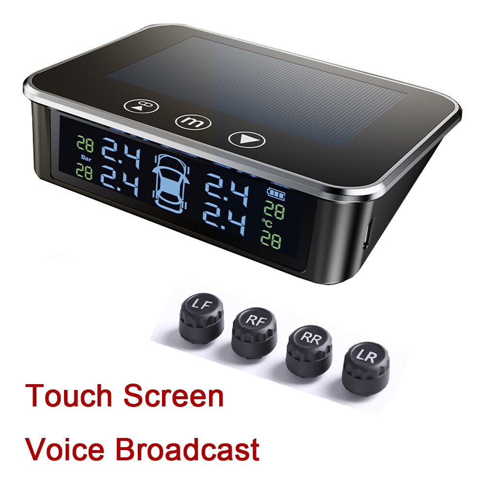Sikeo Smart Car TPMS Tire Pressure Monitoring System Solar Power Digital TMPS LCD Display USB Auto Security Alarm Tire Pressure: Touch Screen