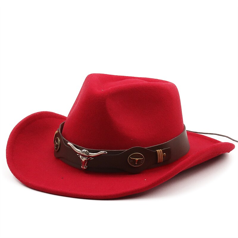 Women Men Hollow Western Cowboy Hat With Tauren Belt Winter Autumn Jazz Outback Jazz Toca Sombrero Cap Size 56-58CM: Red