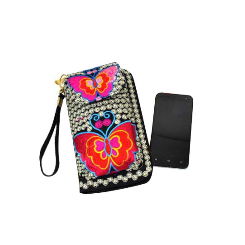 Women Ethnic Butterfly Flower Embroidered Coin Purse Unisex Small Wallet Phone Bag