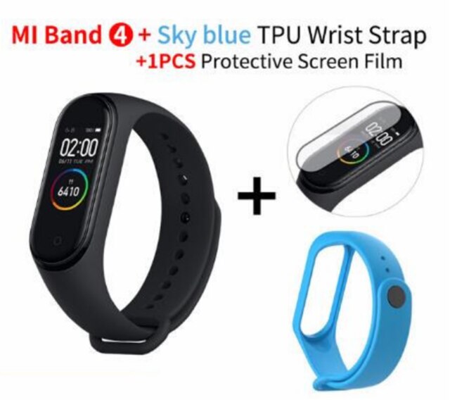 In Stock Original Xiaomi Mi Band 4 Smart Miband 3 Color Screen Bracelet Heart Rate Fitness Music Bluetooth 50M Waterproof Band4: skyblue strap film