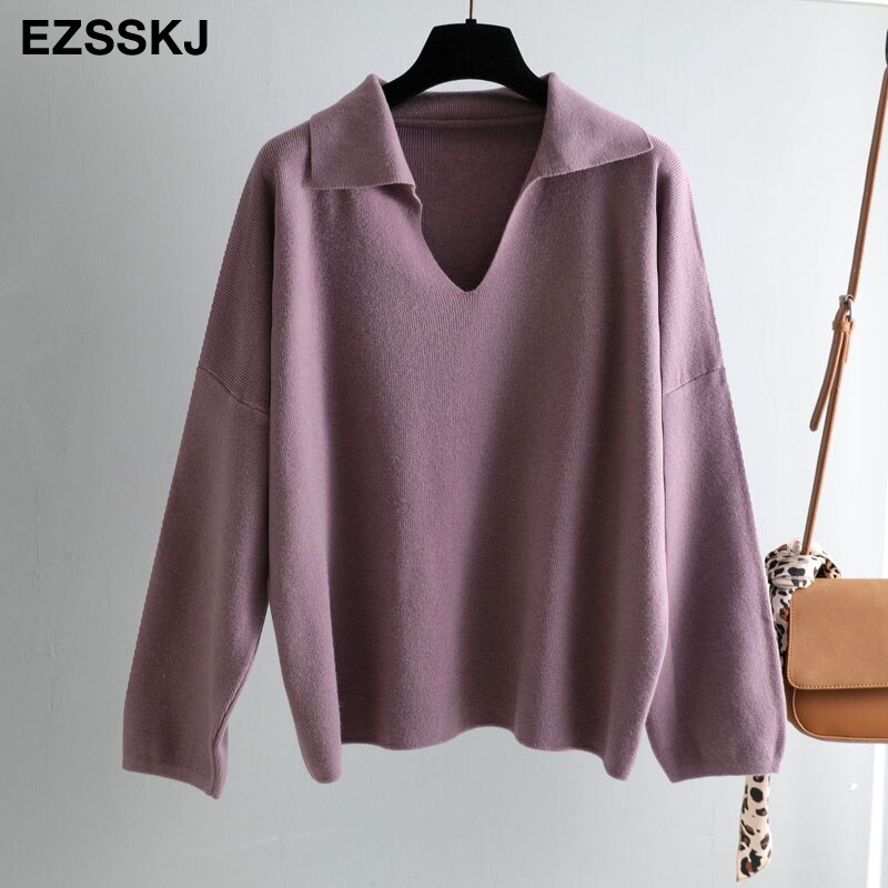 chic turn down collar oversize autumn winter Sweater Women Pullover Casual Long Sleeve loose Sweater Female Jumpers: Purple 