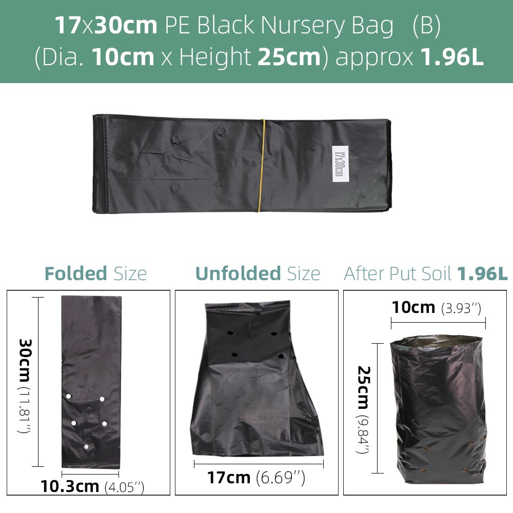 Bolsas de plástico de polietileno para vivero, macetas de cultivo de plantas de tela con agujeros transpirables para cultivo doméstico, suministros de jardinería, color negro, 100 piezas: Black 17x30cm