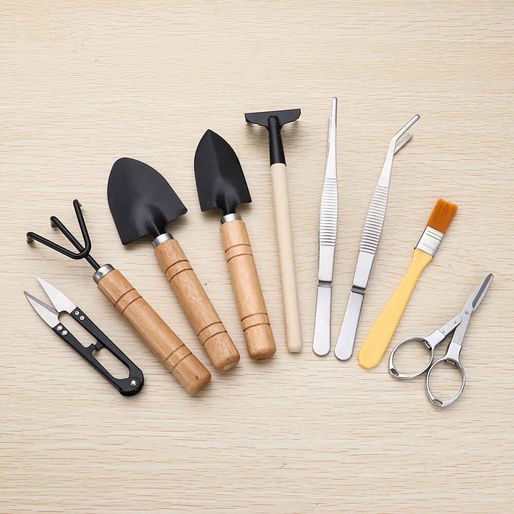 10Pcs/Set Succulent Plant Mini Gardening Potted Tools Kit Basic Bonsai Plant Transplant Digging Tool Bucket Shovel Hand Tools