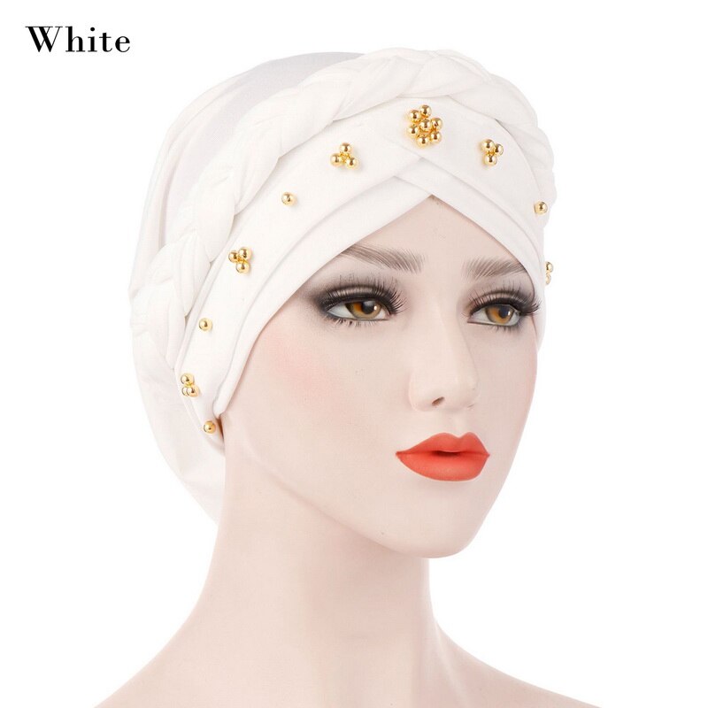 Kvinnor muslimska turban keps enfärgad bandanas pärlstav fläta pärlor dekor hatt