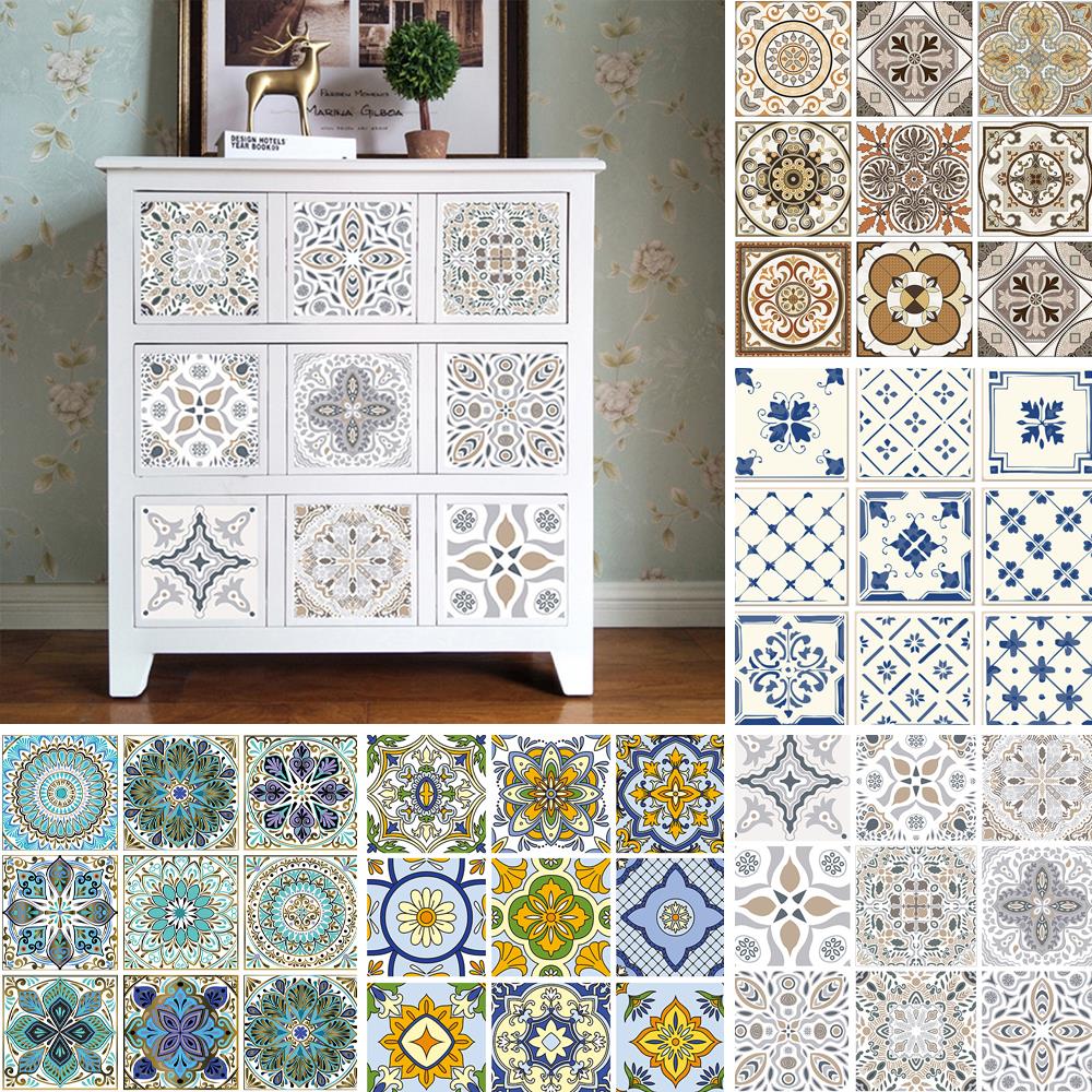 10 uds, pegatinas de azulejos Vintage, autoadhesivas, impermeables, mosaicos marroquíes, calcomanías de pared, estilo bohemio contemporáneo