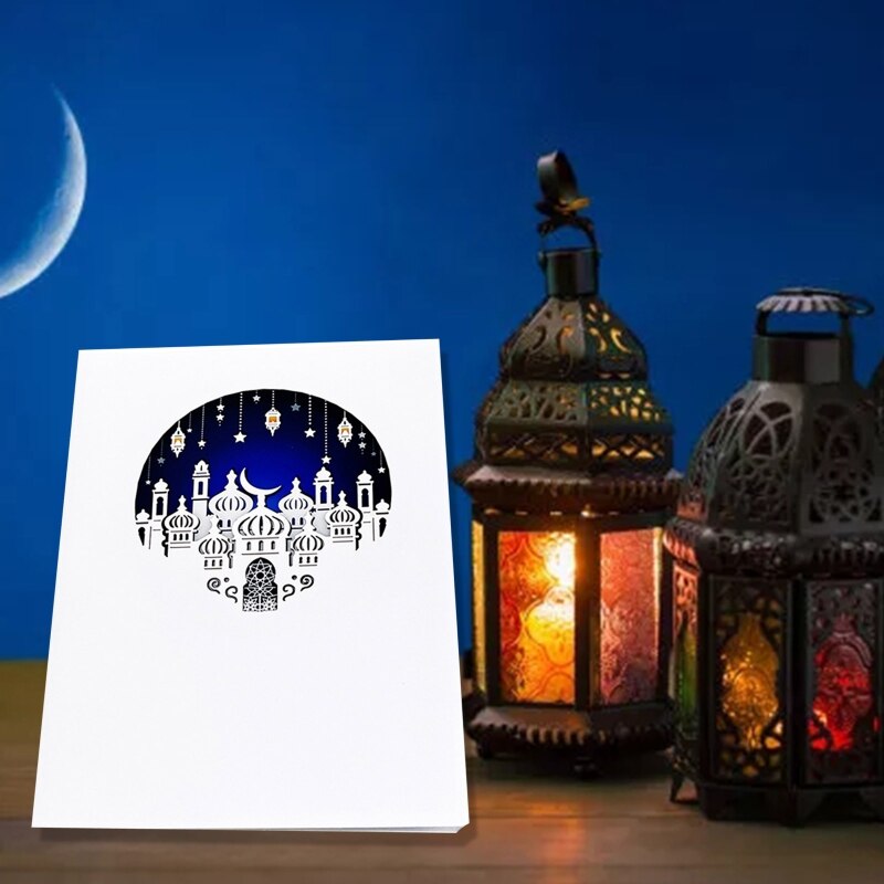 3D Eid Mubarak Greeting Card Moon Mosque Islamic Year Cards for Islam Muslim Ramadan Party Invitation Thank M6CE