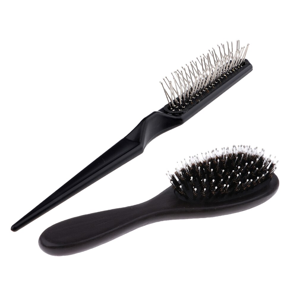 Cepillo de pelo negro desenredar con mango de madera, peine acolchado con cola de rata para extensiones de cabello Natural, 2 unidades
