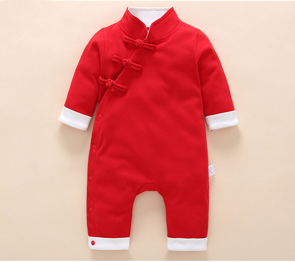 Ropa de algodón para niños traje de cuerpo del bebé es un traje tang de cuello alto de estilo chino: Rojo / 12 meses