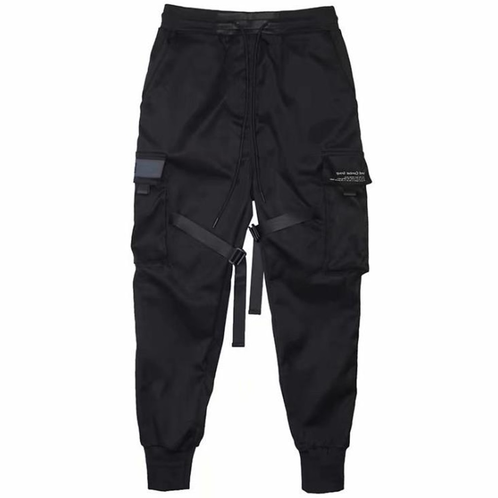 Menn bånd fargeblokk svart lomme cargo bukser joggers harajuku joggebukse hip hop bukser fritid løse bukser: S