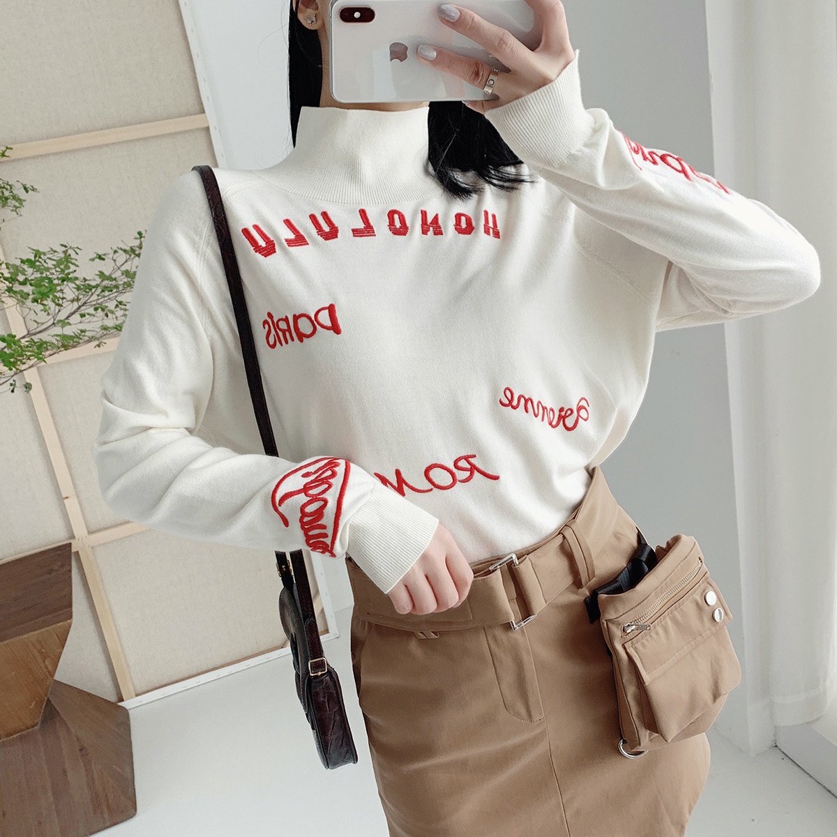2020 outono inverno novo design na moda gola alta camisola vermelho carta bordado fino pulôver feminino versátil topo moda