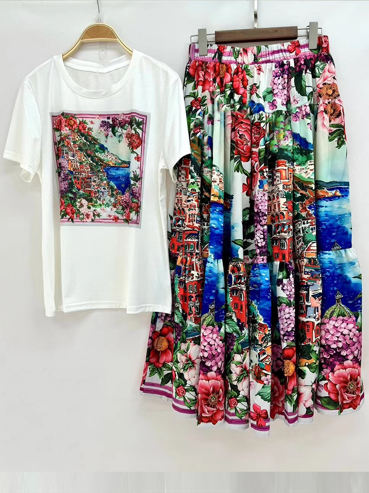 Retro sommer neue rundhals kurzarm geometrische druck T-shirt + elastische taille große schaukel rock frauen zwei-stück anzug: S / Blau