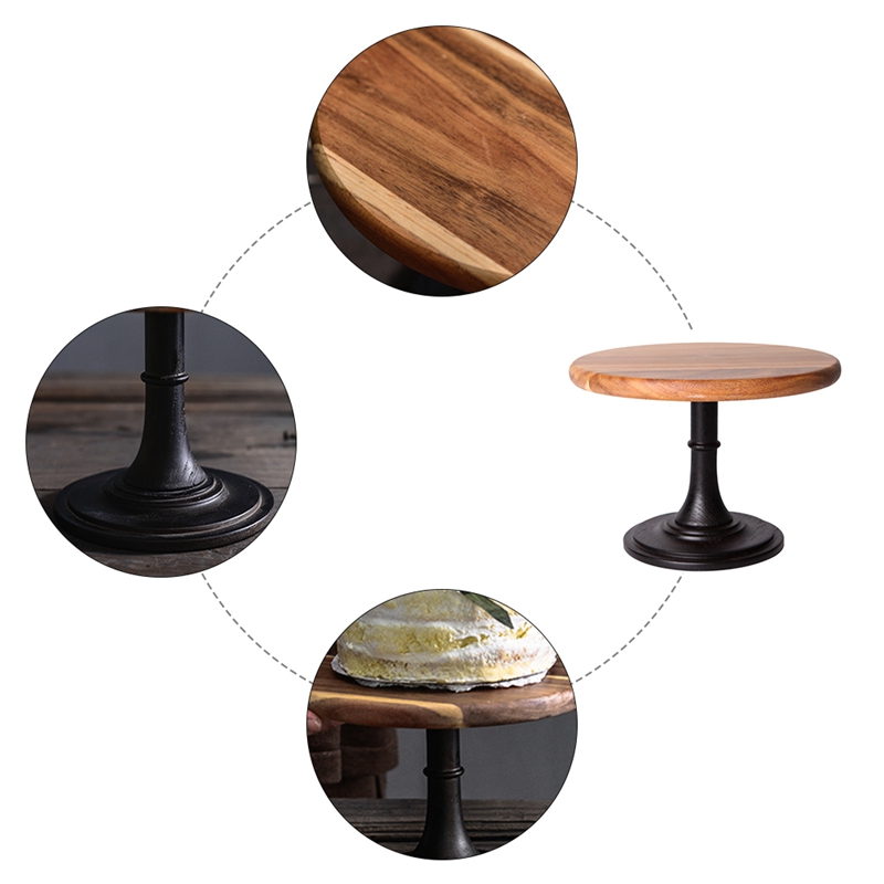 Cake Display Stand Solid Wooden Hand Polished Baking High Black Metal Leg Tray for Hotel Wedding Dessert Supplies