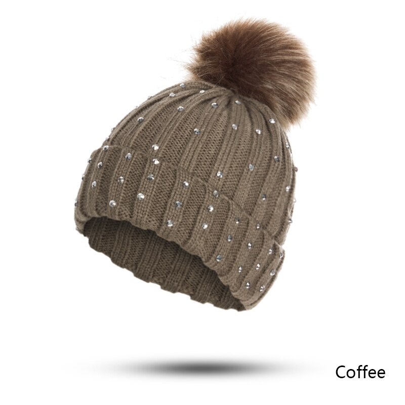 GROUPJUMP-Gorro con pompón de punto para niño, gorros, gorros para niña, gorros con diamantes de imitación, gorro para niño: coffee