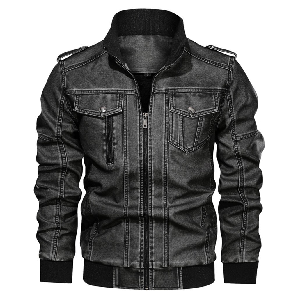 Men's Denim Jacket Big Size Solid Causal Washed leather Jacket With Stand Collar Independent station size Selling: Dark Gray / XXL