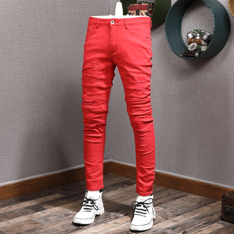Zomer Mannen Rode Jeans Casual Dunne Straight Slim Fit Broek Koreaanse Stijl Katoenen Denim Broek: 30