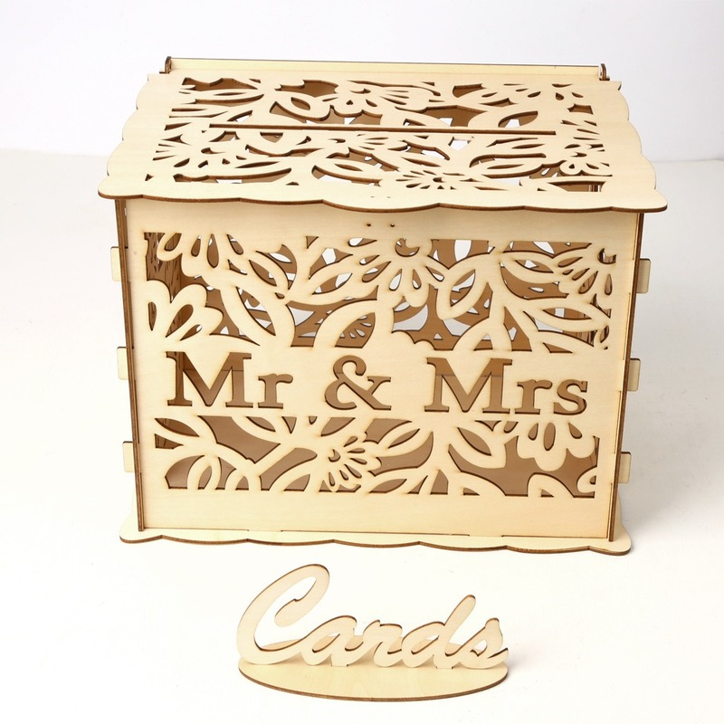 Wedding Card Box with Lock and Card Sign, Wooden Hollow Card Box DIY Box Wedding Reception Box for Birthdays, Graduations